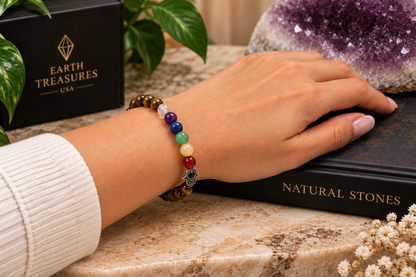Handcrafted Tiger’s Eye Chakra bracelet shown on a model