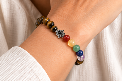 Tiger’s Eye Chakra 8mm bracelet worn on the wrist