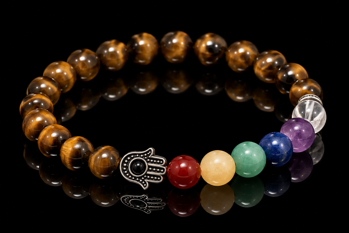 Tiger’s Eye Chakra 8mm beaded bracelet with Hamsa charm on a black background