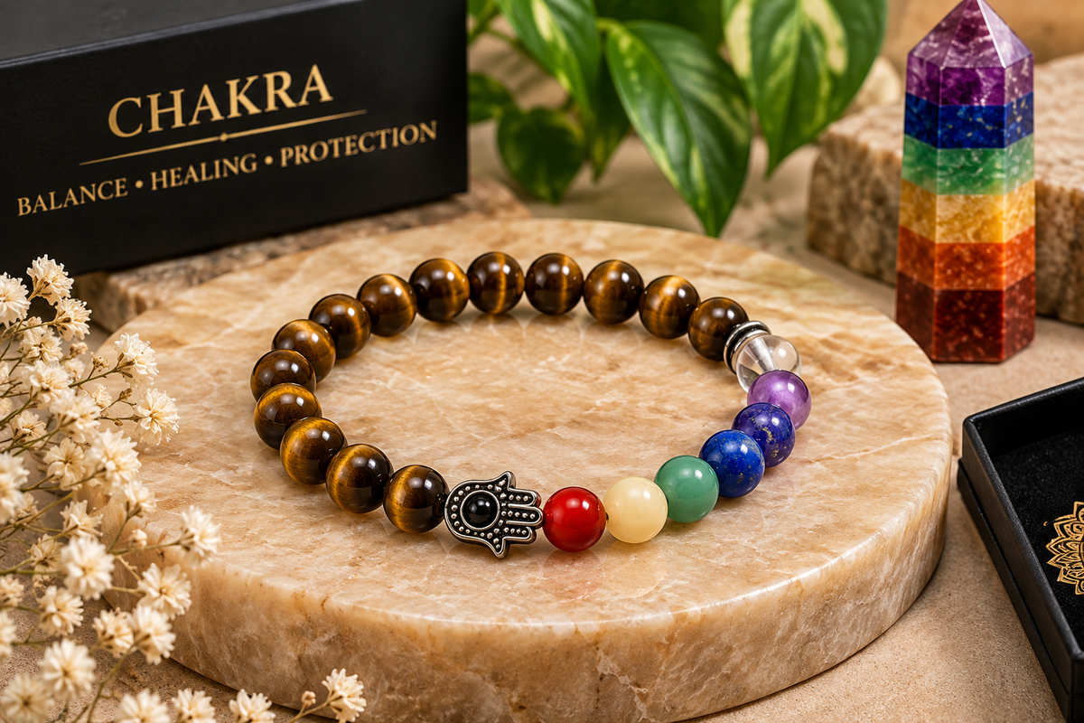 Tiger’s Eye Chakra bracelet displayed in a lifestyle setting