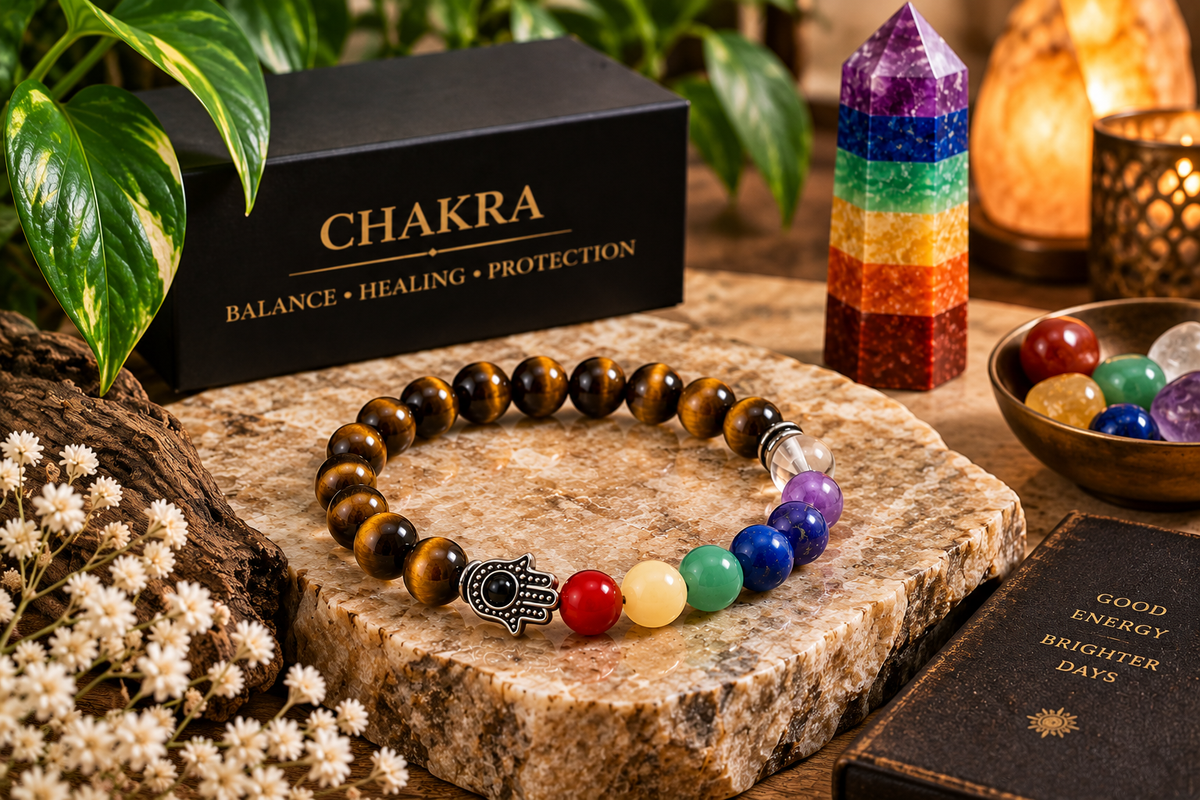Tiger’s Eye Chakra bracelet styled with natural stone décor