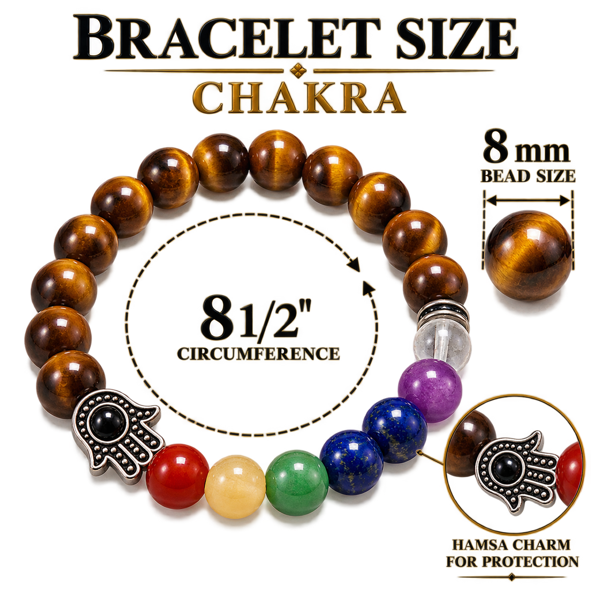 Tiger’s Eye Chakra bracelet bead and Hamsa charm measurements
