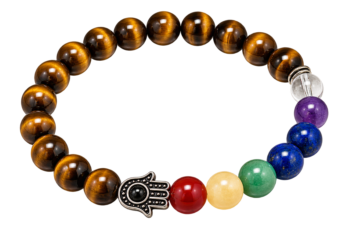 Tiger’s Eye Chakra 8mm beaded bracelet on a transparent background