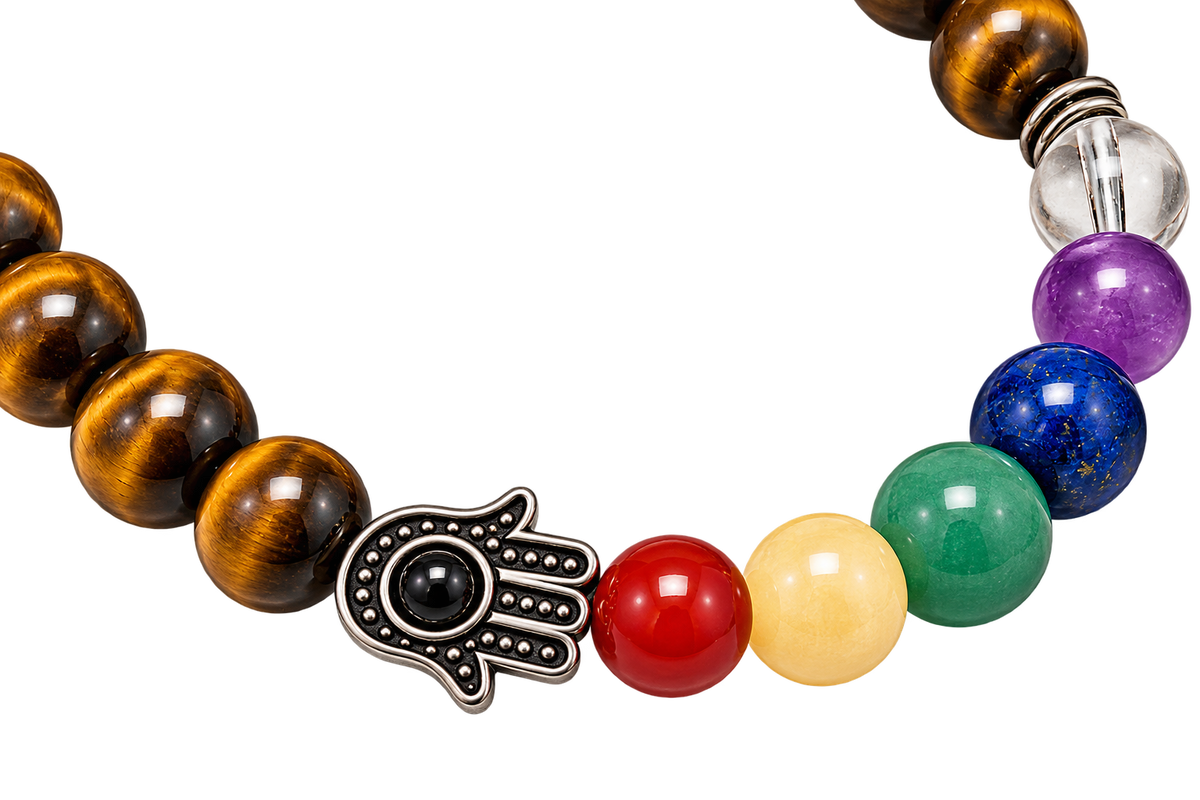Close-up of Tiger’s Eye beads, chakra gemstones, and Hamsa charm