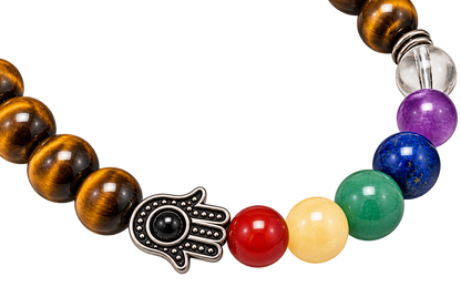Close-up of Tiger’s Eye beads, chakra gemstones, and Hamsa charm