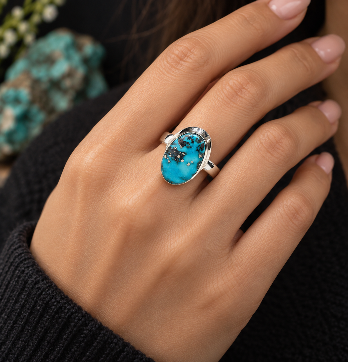 Natural Persian Turquoise Ring worn on hand