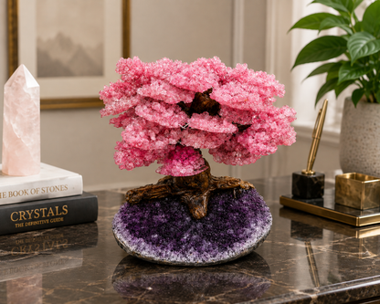 Rose Quartz Gemstone Tree on Natural Amethyst Geode