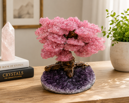 Rose Quartz Gemstone Tree on Natural Amethyst Geode