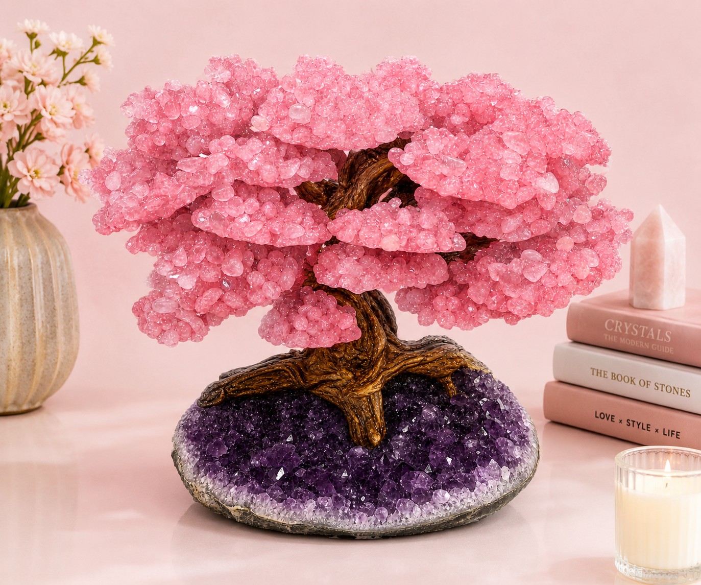Rose Quartz Gemstone Tree on Natural Amethyst Geode