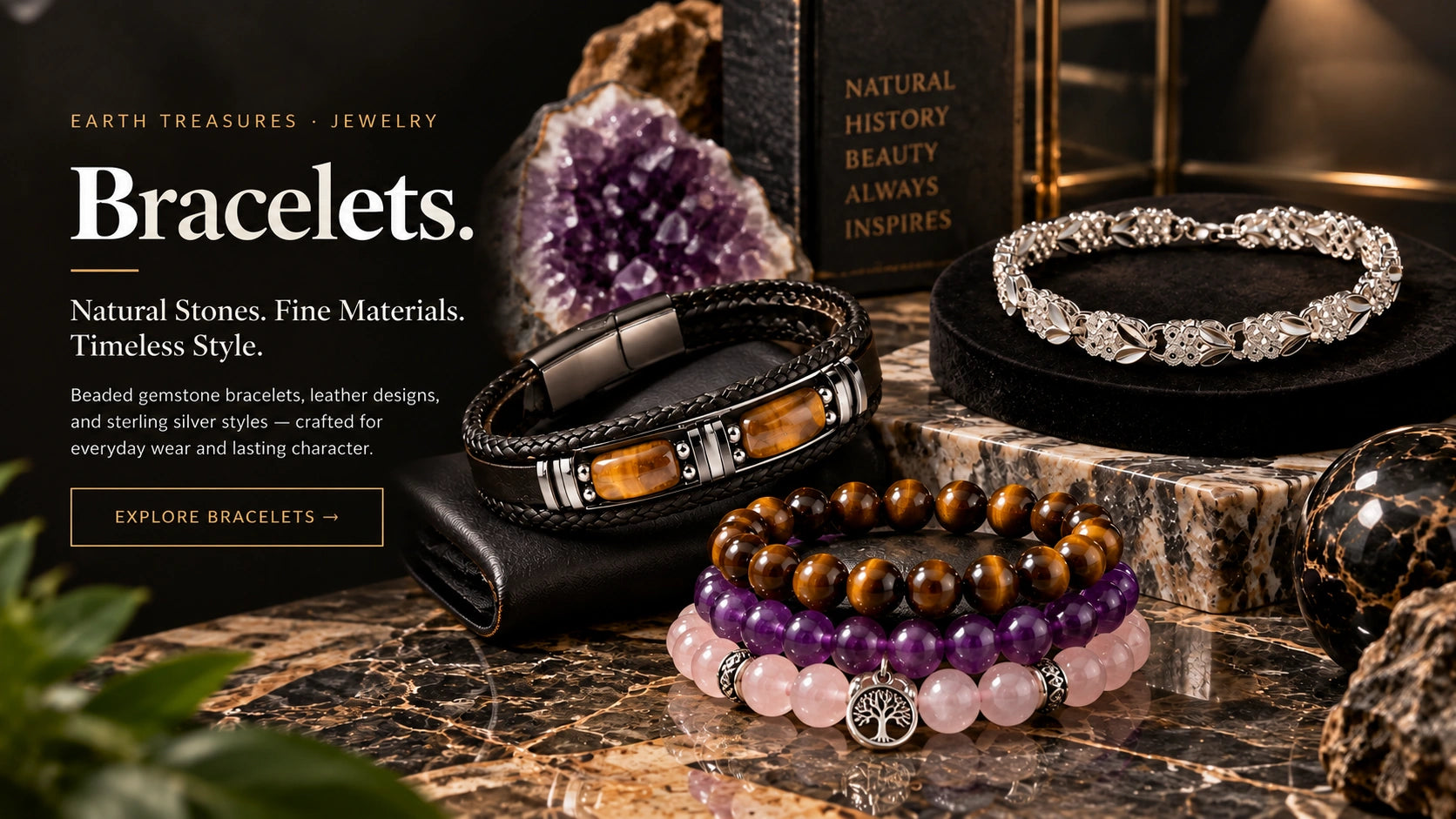 Earth Treasures bracelet collection featuring gemstone beaded, leather, rose quartz, amethyst, Tiger’s Eye, and sterling silver bracelets